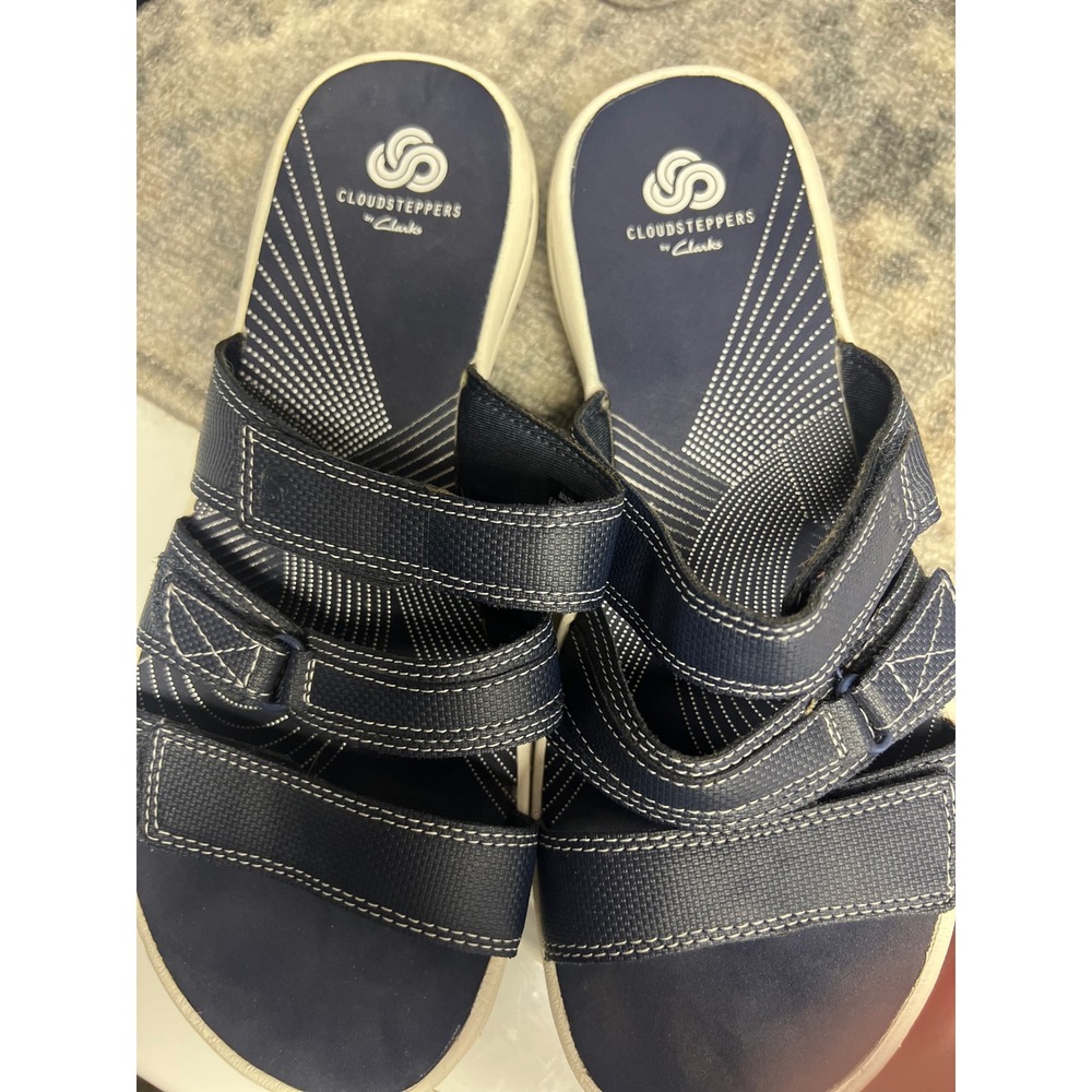 Clarks Cloudsteppers Arla Glitz Navy Blue Triple Strap Slide Sandals Womens 8 M